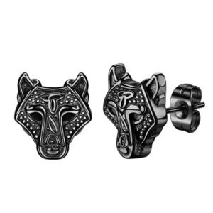 18K Black Gold Fenrir Viking Celtic Runes Wolf Head Unisex Stud Earrings No Fade